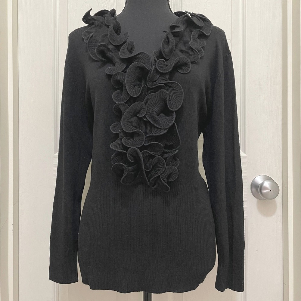 Vila Milano Ruffle Front Knit Sweater Black NWT V-Neck XL Feminine Office Chic